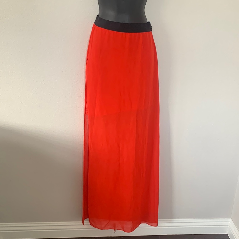 Bebe High Waisted Red Chiffon Side Slit Maxi Skirt